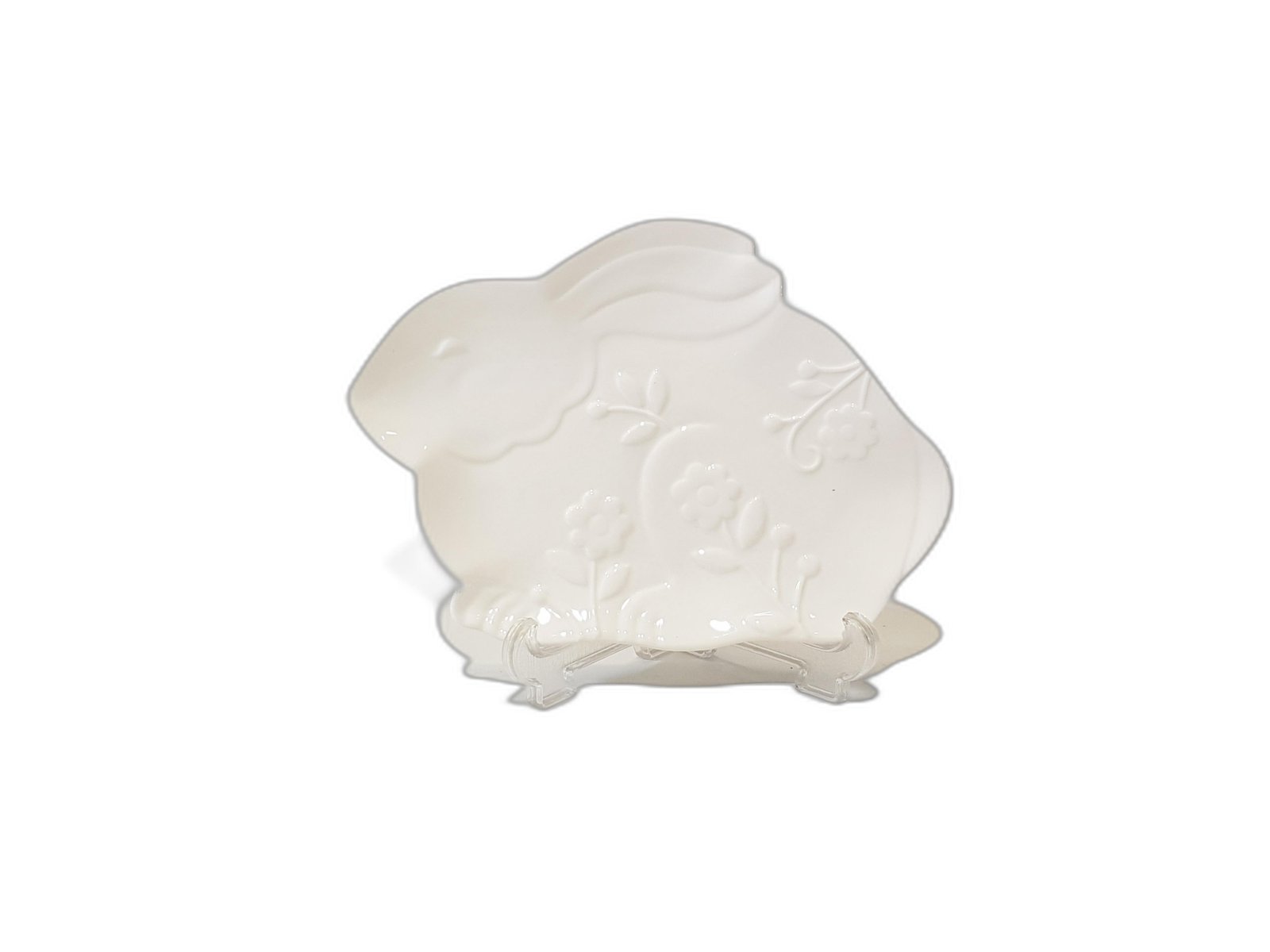 Bandeja Ceramica Blanca Forma Conejo Con Flores Relieve Pequeña