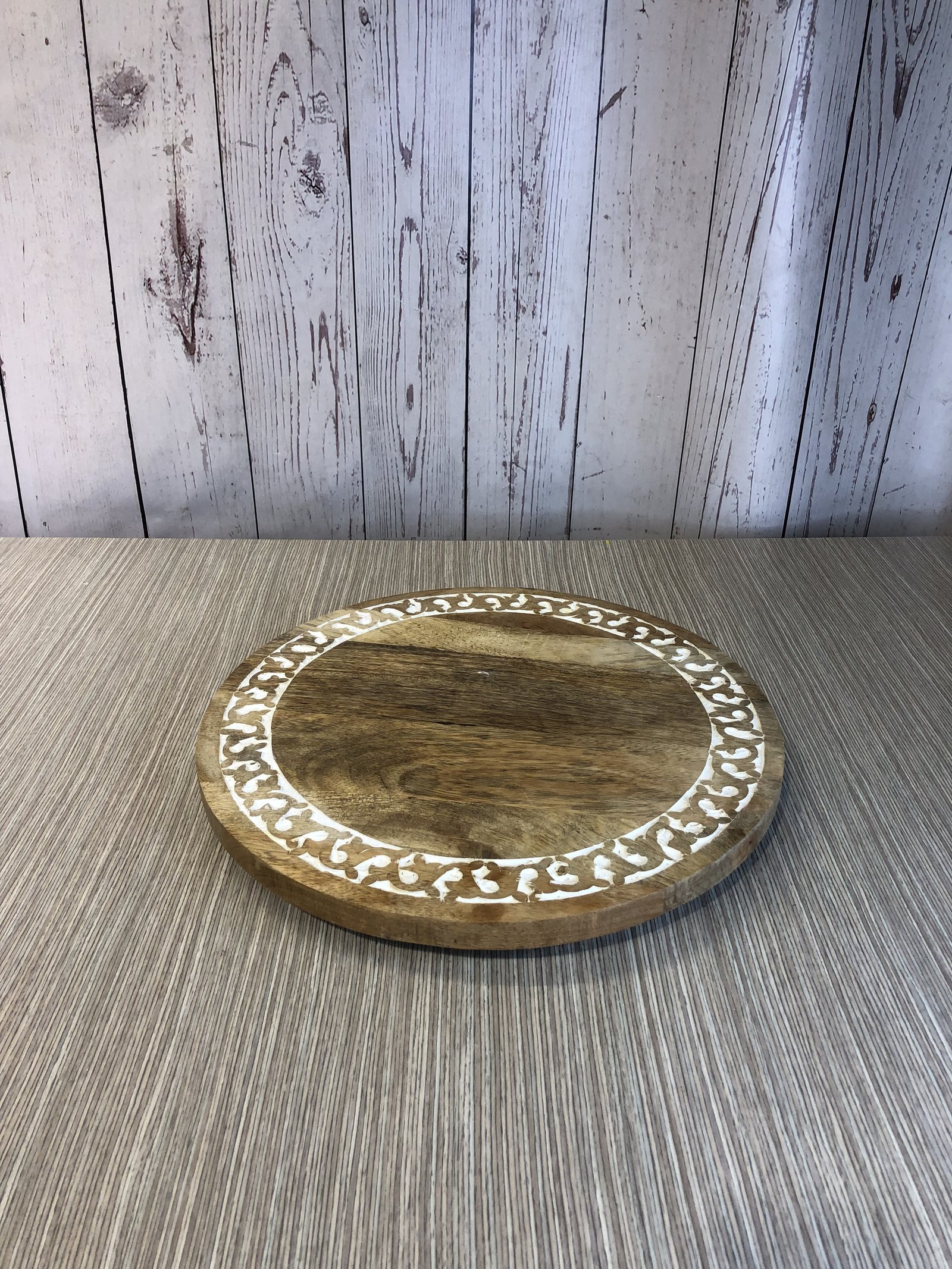 Bandeja Madera Redonda Boho Borde Arabescos Blancos