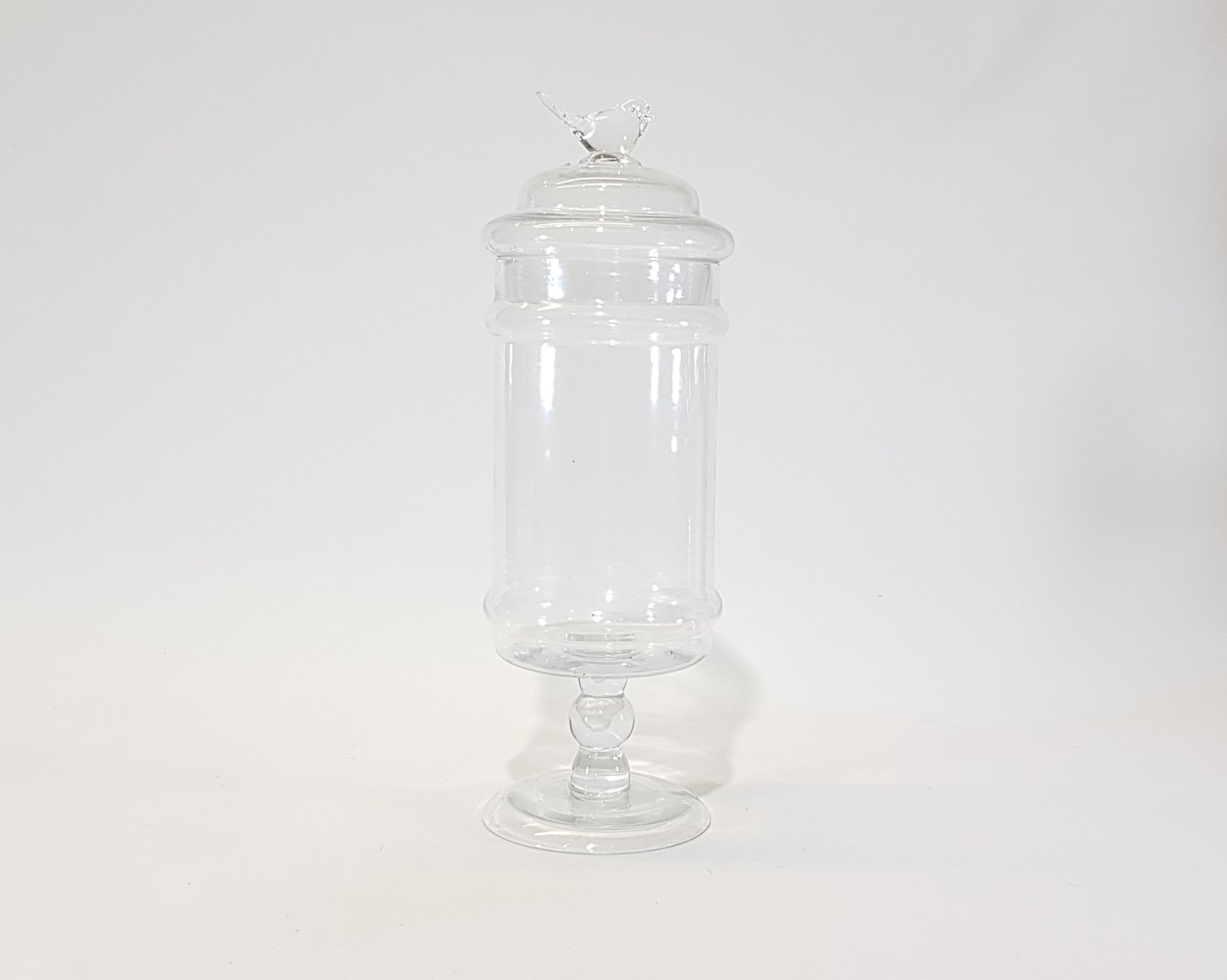 Bombonera Cristal Cilindro Con Pedestal Tapa Pajaro Alta