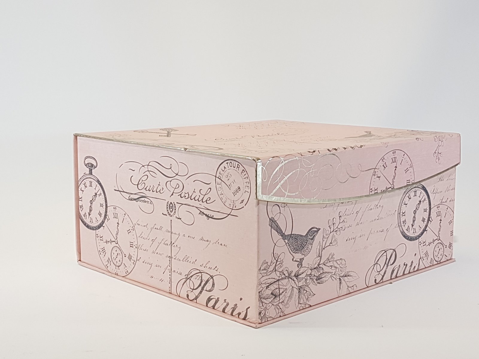 Caja Carton Rosada Pajaros Con Reloj Mediana
