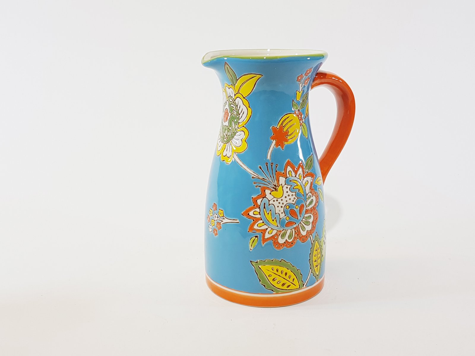 Jarra Azul Flores Con Agarradera Naranja