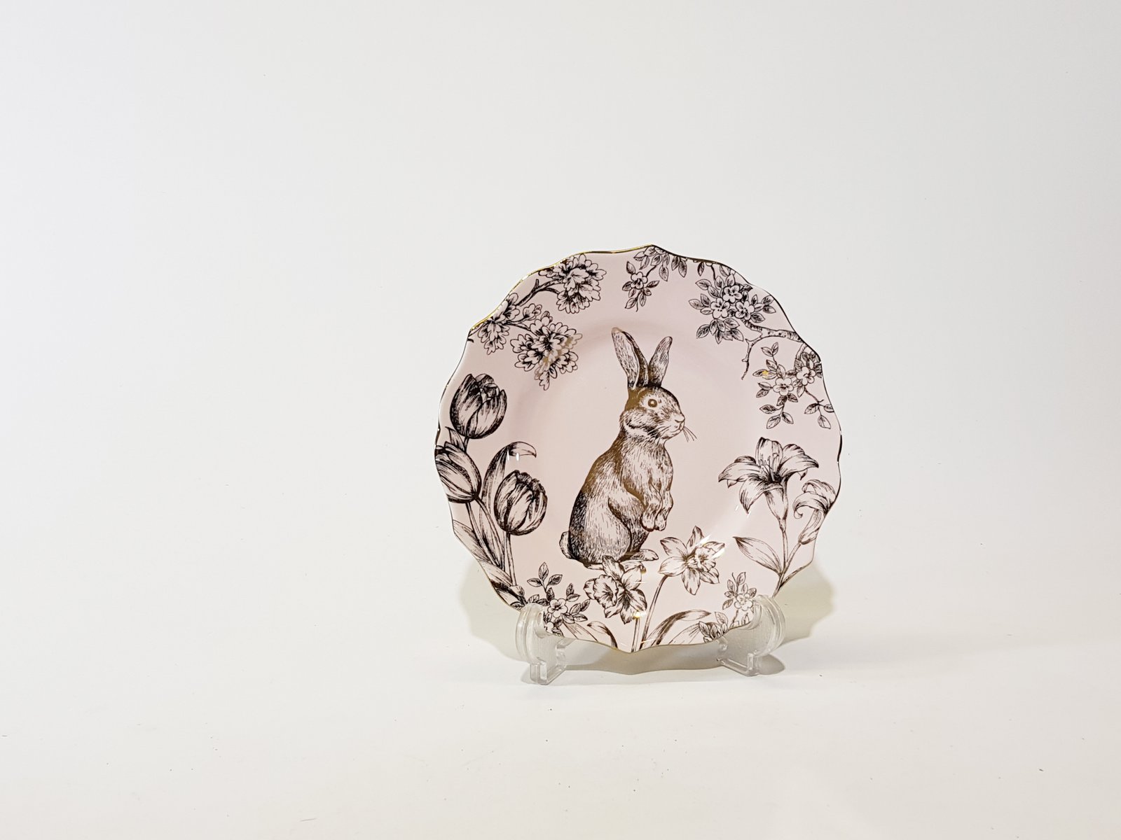 Plato Ceramica Redondo Conejo Dorado Fondo Rosado