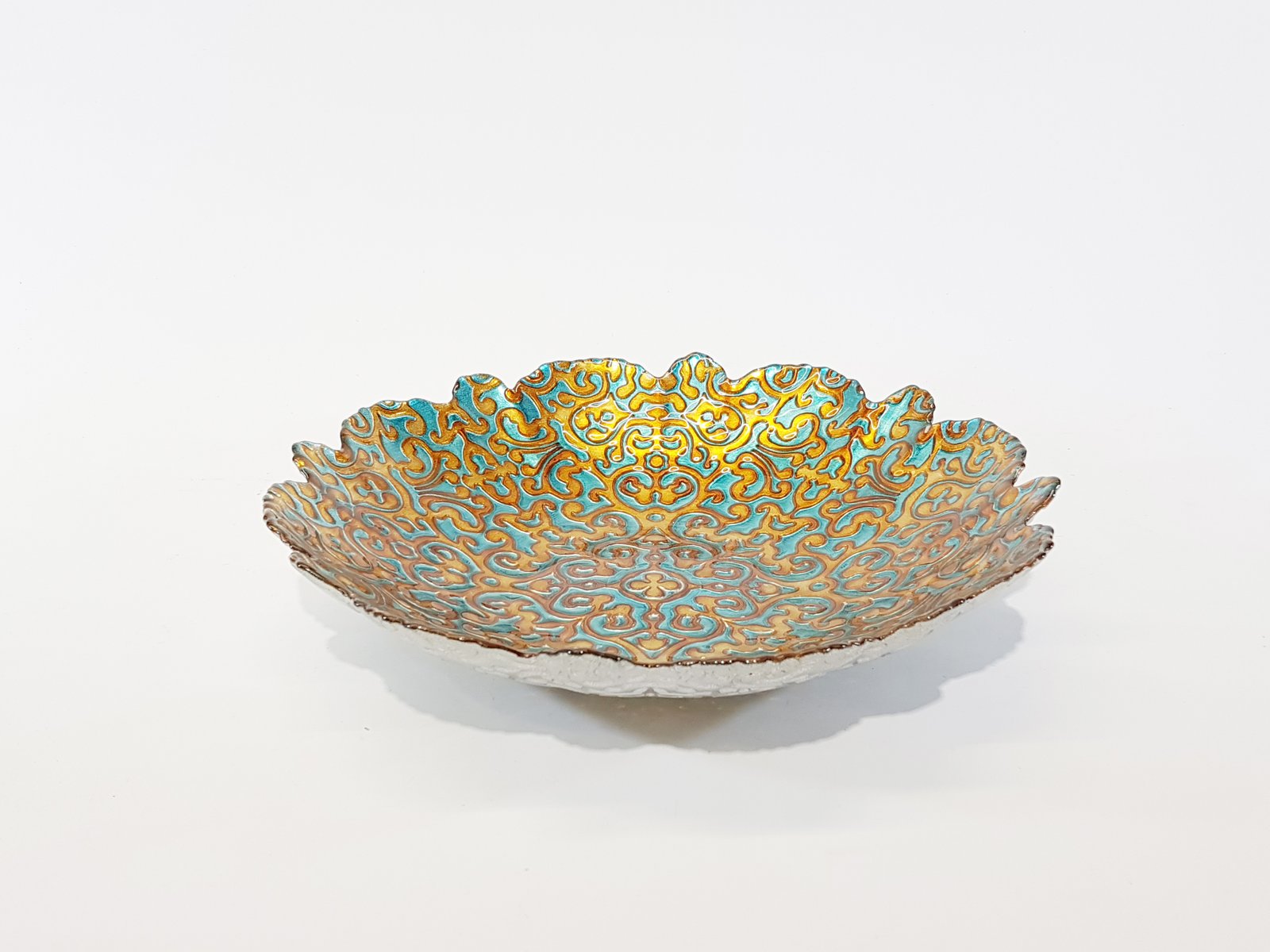 Frutero Cristal Arabescos Borde Moras Azul Con Naranja