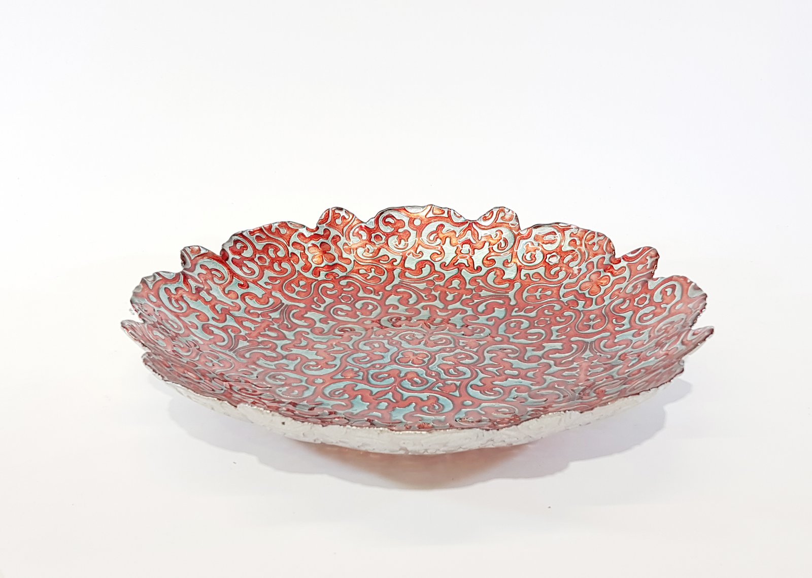 Frutero Cristal Arabescos Borde Moras Rojo Con Azul