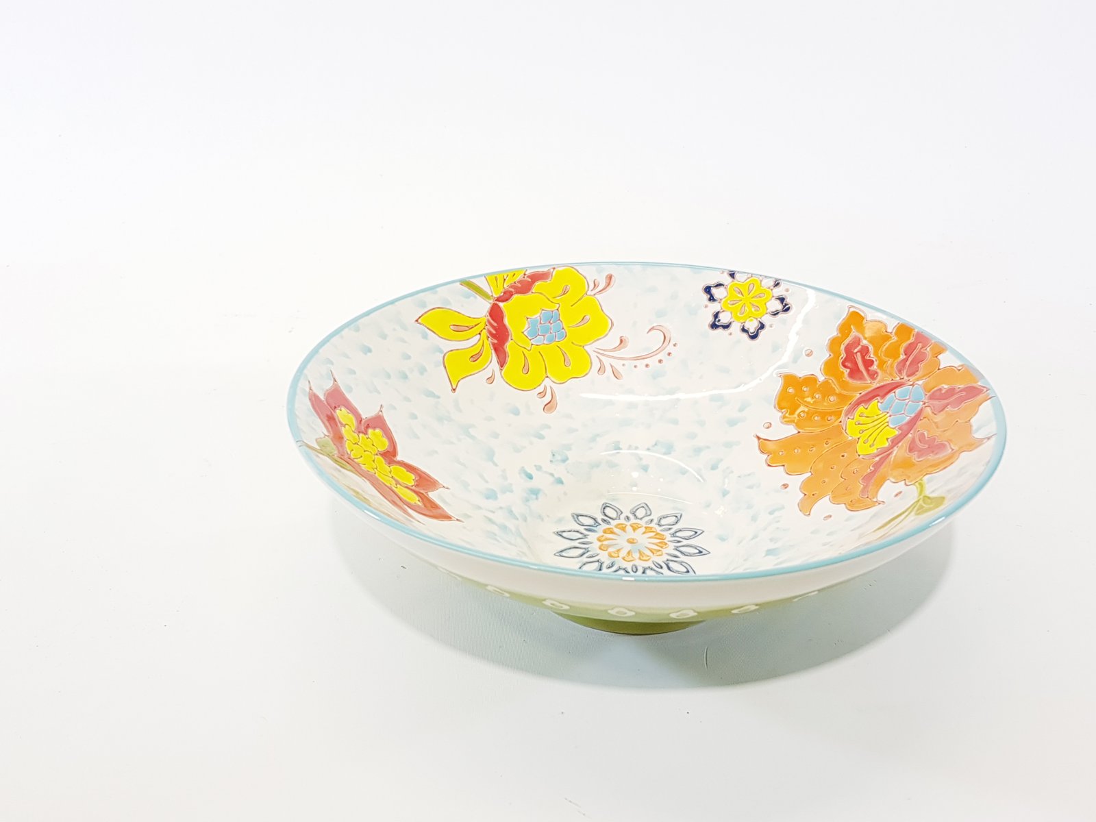 Tazon Ceramica Flores Rojas Con Amarillo Base Verde