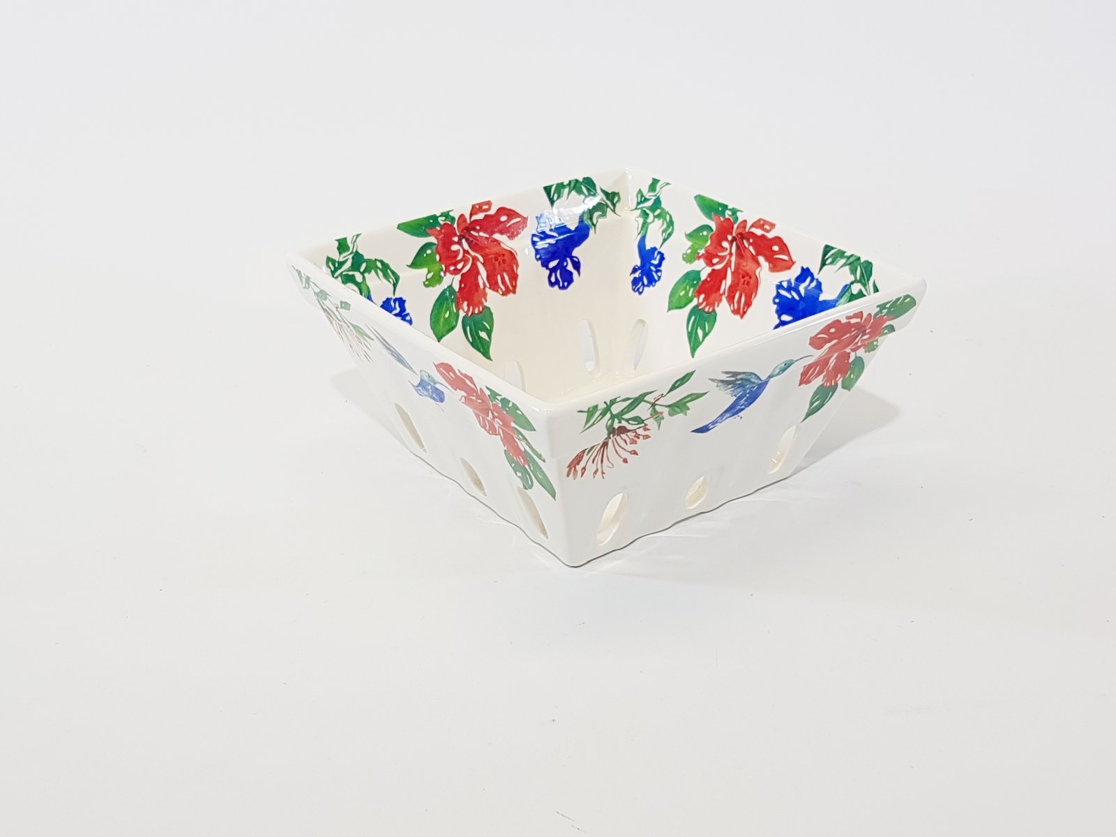 Recipiente Ceramica Con Orificios Cuadrado Pajaro Y  Flores Colores