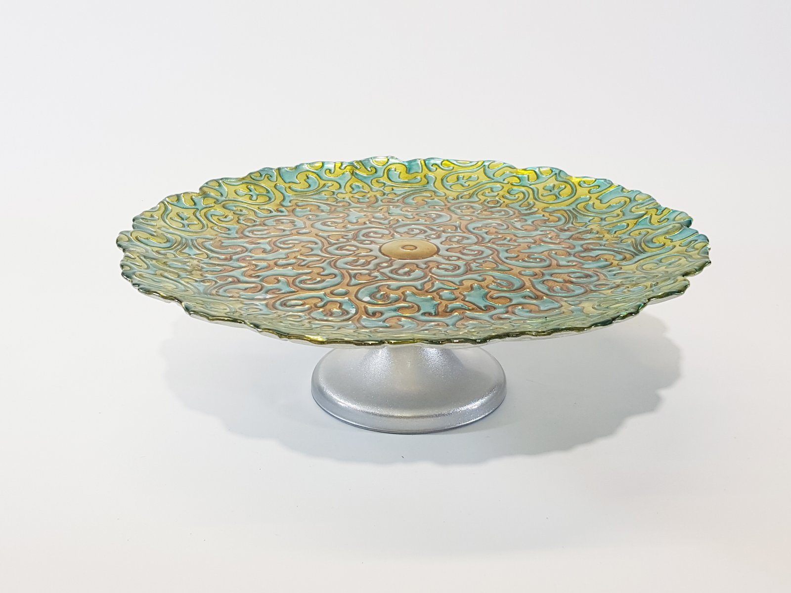 Tortera Redonda Cristal Arabescos Verde Con Naranja 31 Cm