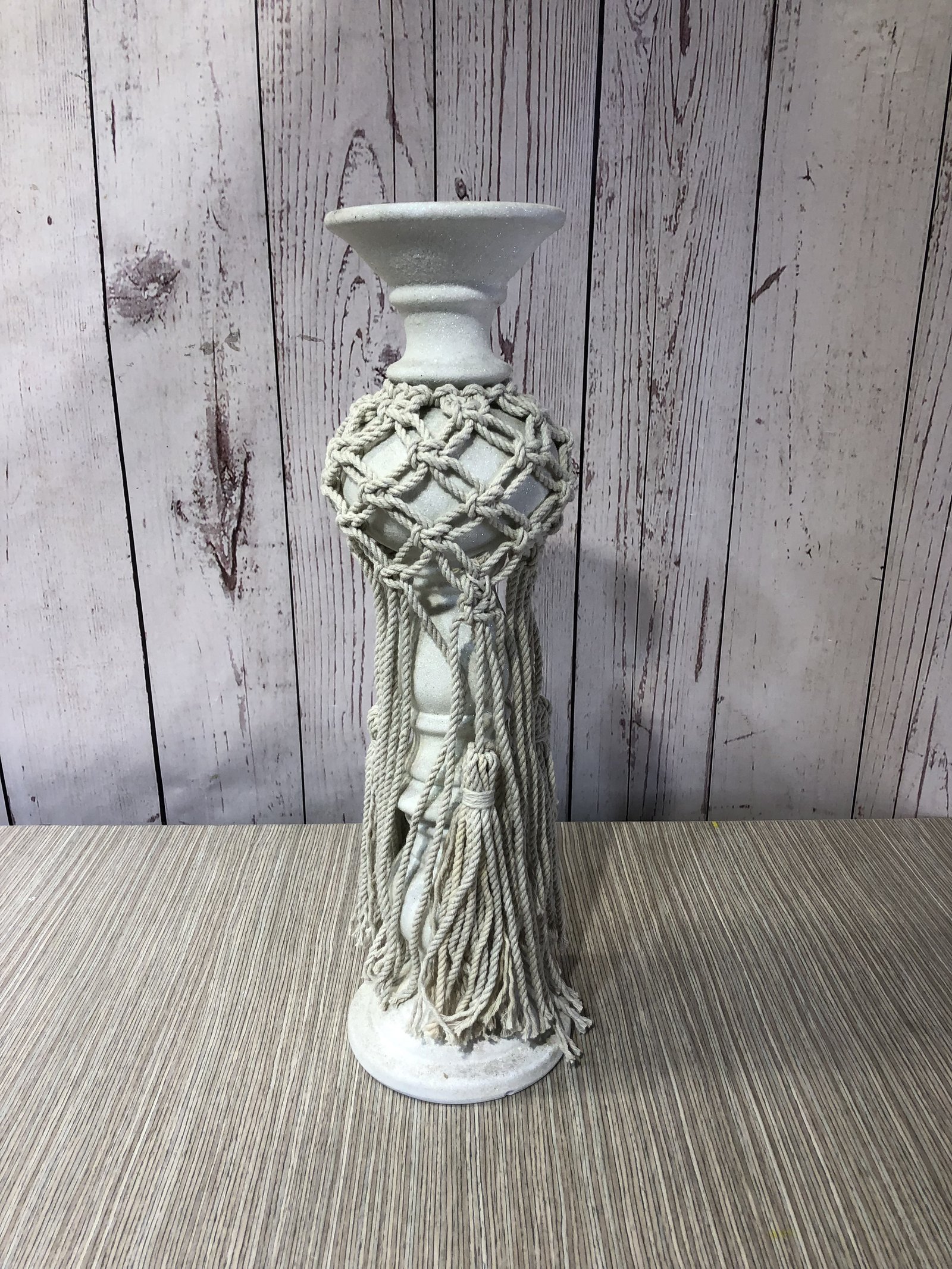 Candelabro Alto Beige Boho Con Macrame Para Velon
